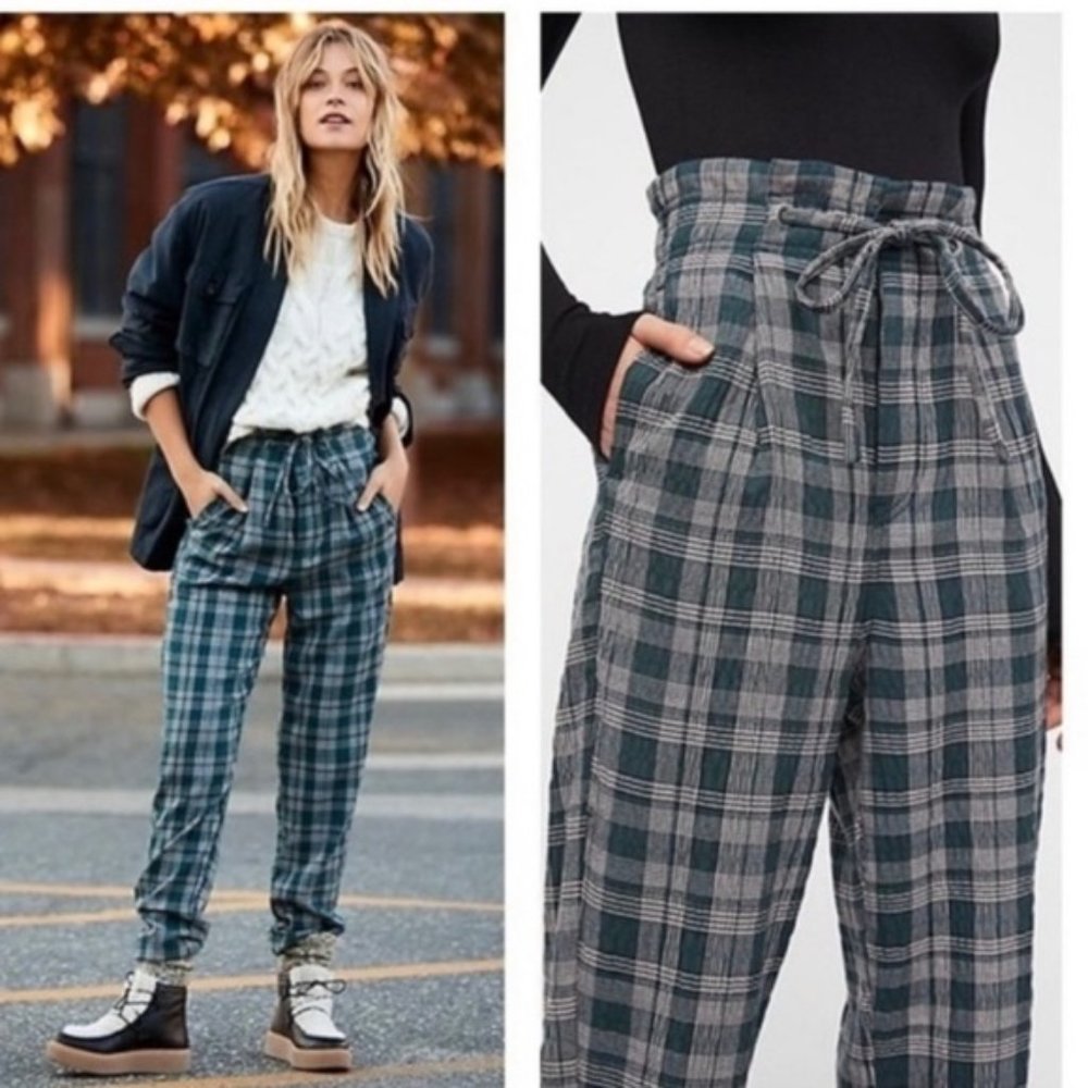Free People Here and There Plaid High Waist Paper Bag Pants